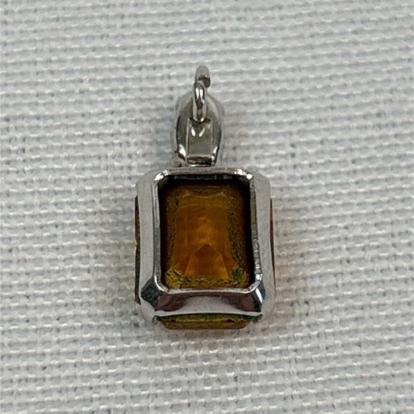 Silver Tone Pendant Emerald Cut Amber Color Gemstone Small Clear Accent Stone - Picture 4 of 4